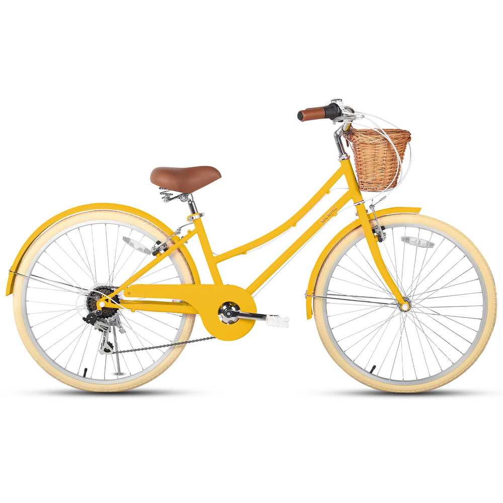 Glerc 26 inch Beach Cruiser Bike Girls Hybrid Bike with Basket Yellow